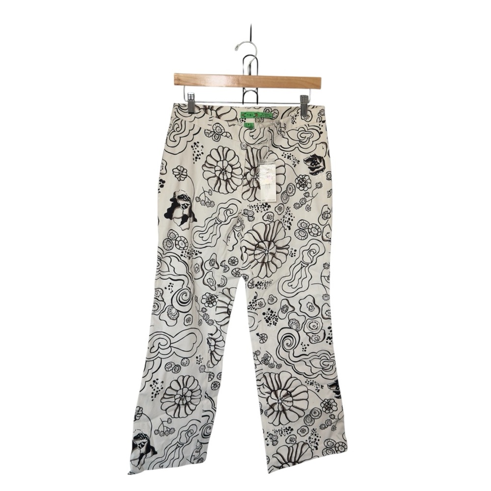 Tibi Size 8‎ Black White Brown Floral Abstract Statement Wide Leg Ankle Pants